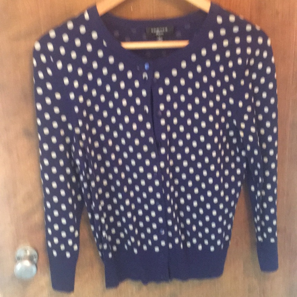 Navy and tan polka dotted cardigan